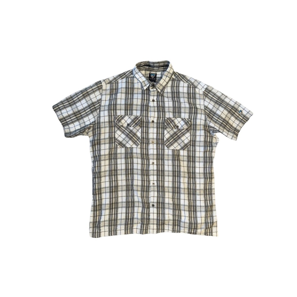KUHL Shirt Mens Large White Green Plaid Short Sleeve Seersucker Hiking
